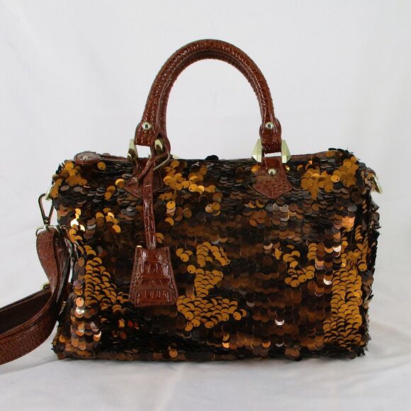 Copper Autumn Brown Sequin Top Handle Shoulder Strap Tote Purse Duffel Bag - Picture 7 of 8